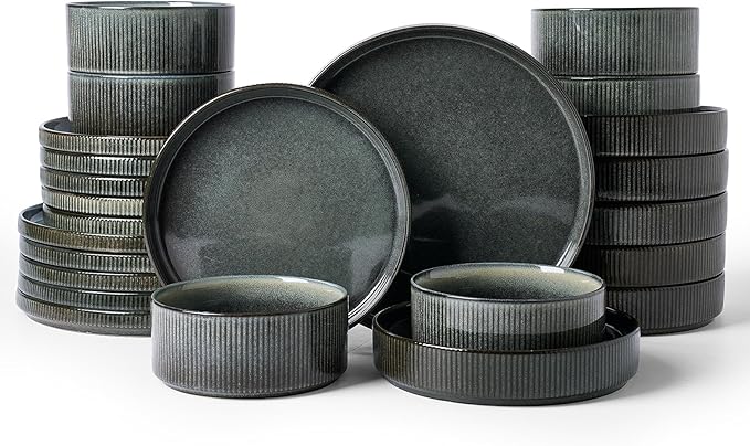 Famiware Star 24-Piece Stoneware Dinnerware Sets, Service for 6 - Shallow Pasta Bowls & Flat Plates, Modern Rustic Reactive Glaze Dishes, Chip/Scratch Resistant, Microwave/Dishwasher Safe, Deep Forest