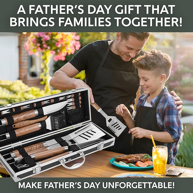 Kaluns Grilling Accessories, Dad Gifts for Fathers Day, Mothers Day Grilling Gifts, Heavy Duty Stainless Steel BBQ Tool Set for Outdoor Grill with Aluminum Case and Apron, Birthday Gifts for Men