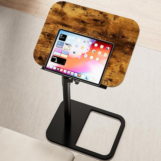 Tv Tray Table Adjustable Height Couch Side Table, Tilt Angle Adjustments-360° Swivel/180° Flip-Over Panel C-Shaped End Table With Tablet Slot, Computer Desk for Chair, Living Room (Rustic Brown)