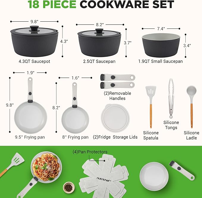 NutriChef 18-Piece Ceramic Cookware Set with Detachable Handles, Non Stick Pots and Pans, PTFE-Free Natural Ceramic Coating, Space-Saving Design, Oven & Stove Safe, Includes Utensils