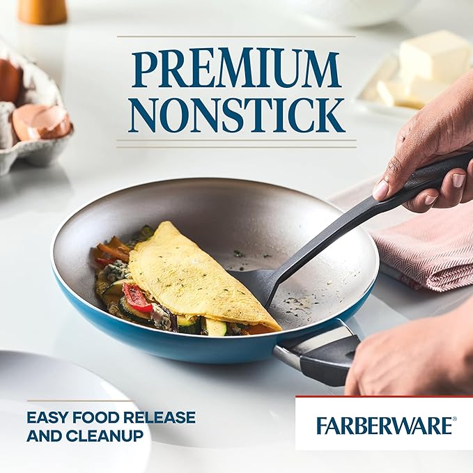Farberware 20361 Dishwasher Safe Nonstick Cookware Set / Pots and Pans Set - 15 Piece, Blue