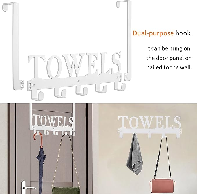 Towel Hooks Over The Door Hooks Hangers Wall Mount Towel Rack Towel Holder for Bathroom, Storage Coat Hooks for Home Decor Metal Organizer for Towel Clothes Bag Robe(White)