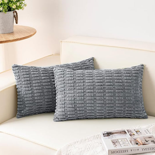 Pack of 2 Corduroy Decorative Throw Pillow Covers 12x24 Inch Soft Striped Pillow Covers Modern Farmhouse Home Decor for Sofa Living Room Couch Bed（Light Grey）
