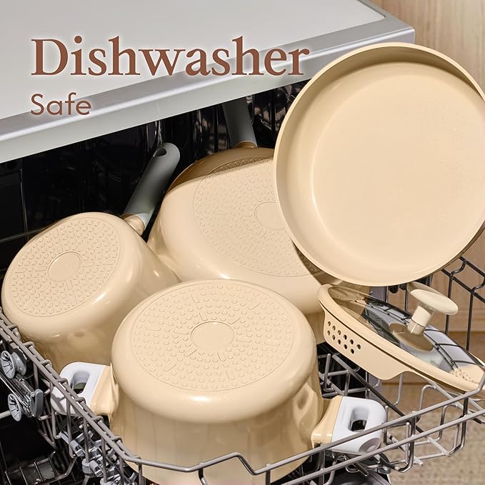 CAROTE Pots and Pans Set Nonstick, Ceramic Cookware Set, Yellow Cooking Set Kitchen Induction Set with Steamer, PFAS PTFE Free,9 Piece