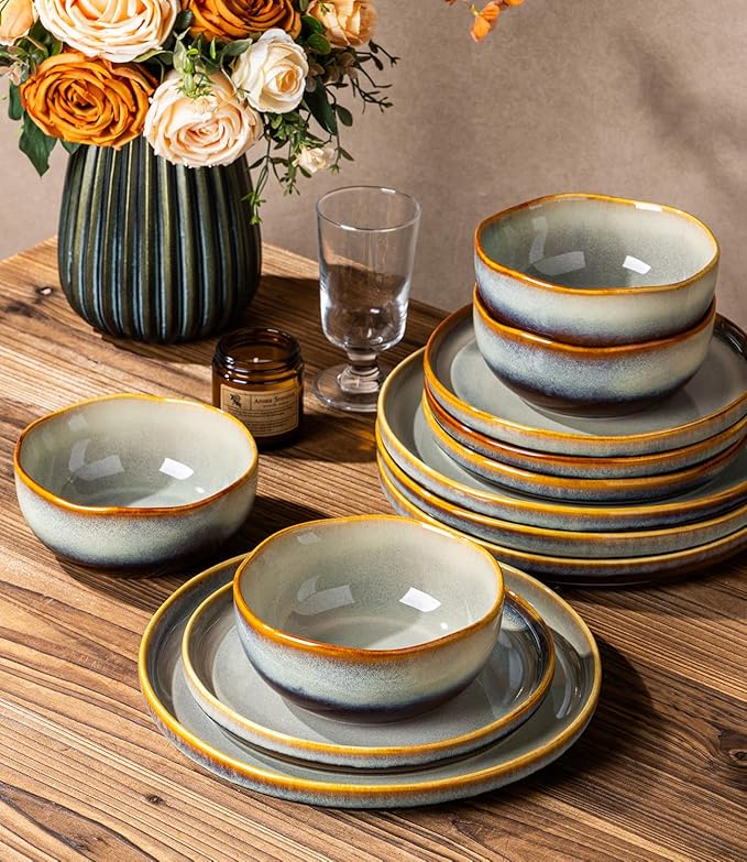 TheTerra Ceramic Dinnerware Sets for 4, 12 Pieces Handmade Reactive Glaze Plates and Bowls Sets, Scratch Resistant Dish Set, Oven & Microwave & Dishwasher Safe, Brown Blue