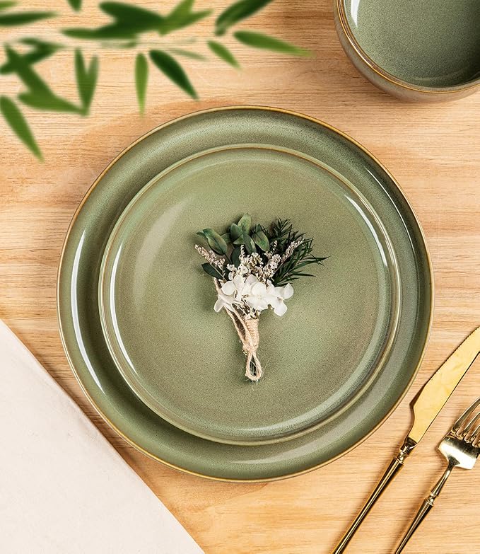 TheTerra Ceramic Dinnerware Sets for 8, 24 Pieces Handmade Reactive Glaze Plates and Bowls Set, Scratch Resistant Dish Set, Oven & Microwave & Dishwasher Safe, Sage Umber