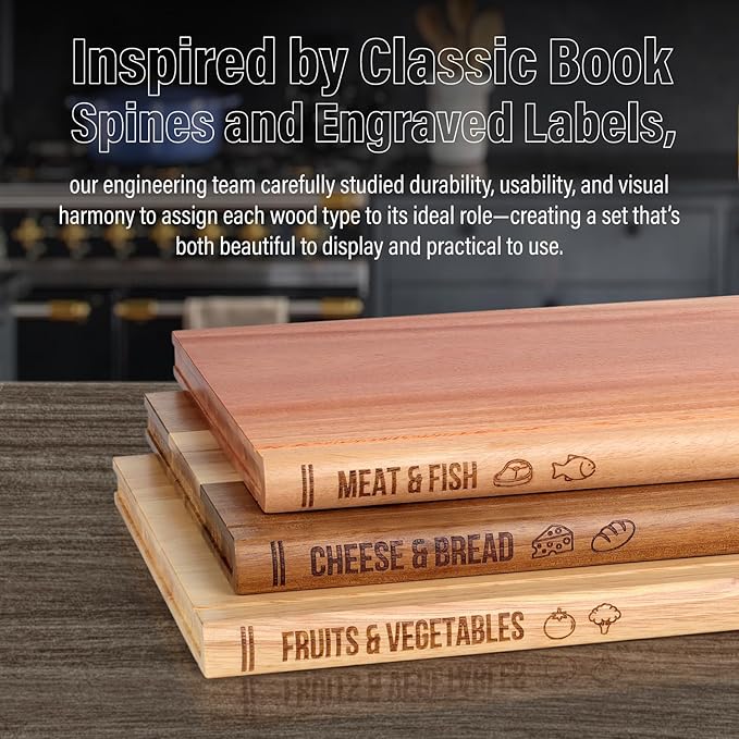 Book Cutting Board Set of 3 with Stand-The Cutting Board Library, Solid Wood Book-Shaped Boards for Serving & Display, Labeled Meat & Fish, Bread & Cheese, Fruits&Vegetables-Decorative Cutting Boards.