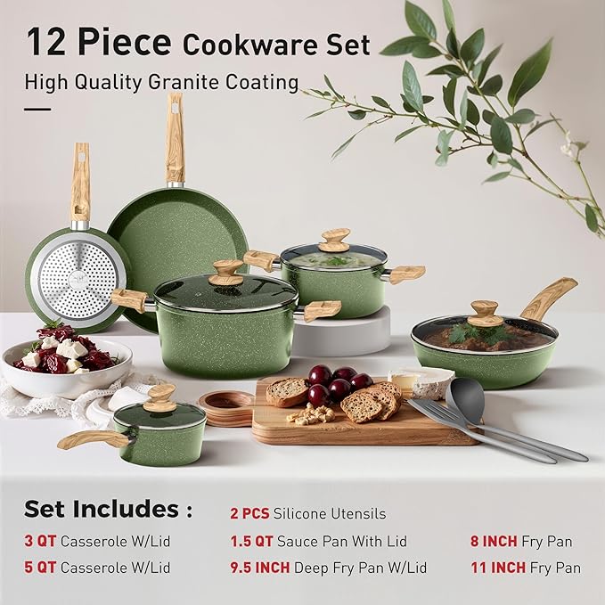 DishDelight Green Induction Pots and Pans Set, 12 Piece Cooking Pot and Pan Set Nonstick, Granite Kitchen Cookware Set Non Toxic, PFOA&PFOS Free