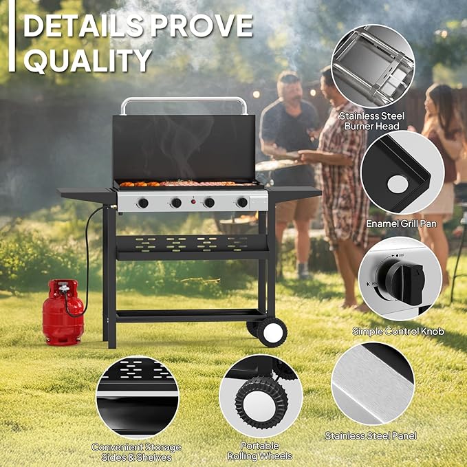 Bonnlo 40000BTU Propane Griddle with Lid and Ignition, Standing Flat Top Gas Grill with Storage Shelf and Portable Rolling Wheels, 4 Burner Camping Cooker for Patio Backyard Outdoor Cooking BBQ