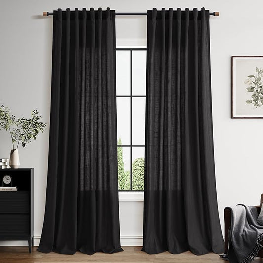 Vintage Black Linen Curtains for Living Room 90 Inches Long Light Filtering Semi Sheer Curtain Back Tab and Rod Pocket Privacy Luxury Gothic Vintage Decor Drapes for Bedroom Office 52x90, 2 Panels