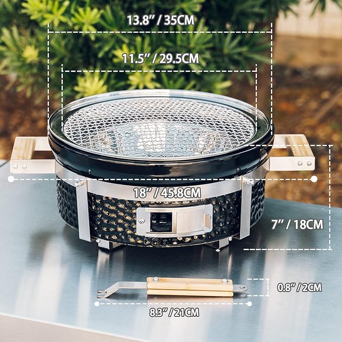 Ceramic Hibachi Charcoal Grill with Grid Lifter, 14" Portable BBQ Yakitori Grill with Stainless Steel Grate for Outdoor Patio Backyard Barbecue Cooking, GS305