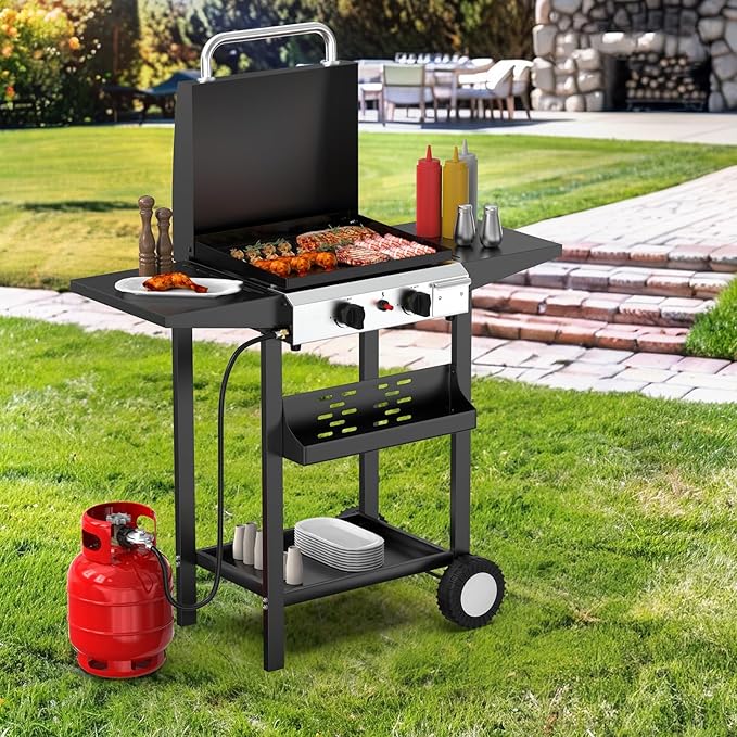 Bonnlo 20000BTU Propane Griddle with Lid and Ignition, Standing Flat Top Gas Grill with Portable Rolling Wheels and Storage Shelf, 2 Burner Camping Cooker for Patio Backyard Outdoor Cooking BBQ