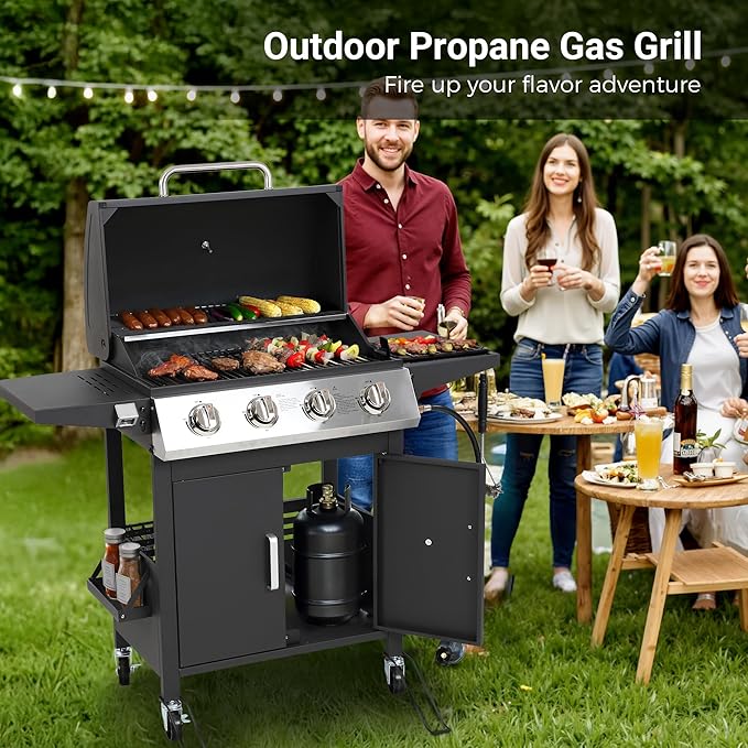 4-Burner Propane BBQ Grill, Stainless Steel Outdoor Gas Grill with 40,000 BTU, Porcelain-Coated Grates and Foldable Side Shelves, Perfect for Patio & Backyard Cooking (Black)