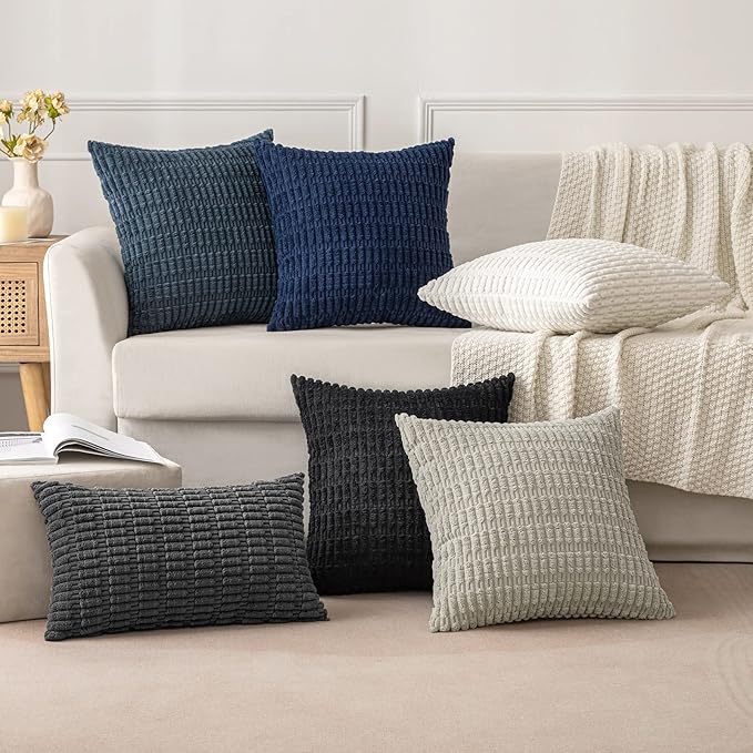 MIULEE Pack of 2 Corduroy Decorative Euro Sham Throw Pillow Covers 22x22 Inch Soft Boho Striped Pillow Covers Modern Farmhouse Home Decor for Summer Coastal Sofa Living Room Couch Bed Dark Blue