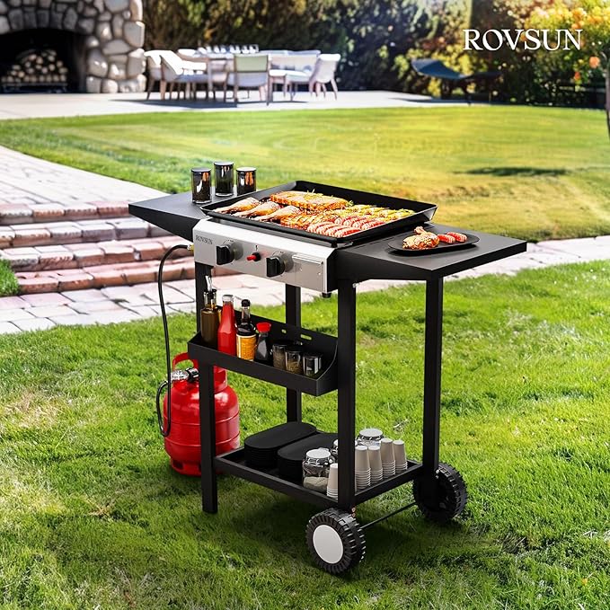 ROVSUN 2 Burner Portable Propane Griddle with Electronic Ignition, 20000 BTU Rolling Flat Top Gas Grill with Nonstick Enameled Tray, Side Shelves & Regulator for Outdoor Cooking Camping BBQ Tailgating