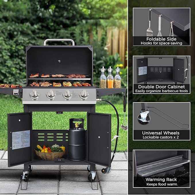 4-Burner Propane BBQ Grill, Stainless Steel Outdoor Gas Grill with 40,000 BTU, Porcelain-Coated Grates and Foldable Side Shelves, Perfect for Patio & Backyard Cooking (Black)