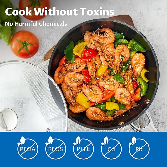 BEZIA Induction Cookware Set 15-Piece, Pots and Pans Set Non Stick with Ceramic Coating, Induction Pots Set with Stainless Steel Handles ＆ Lids, Oven Safe, Compatible with All Stoves