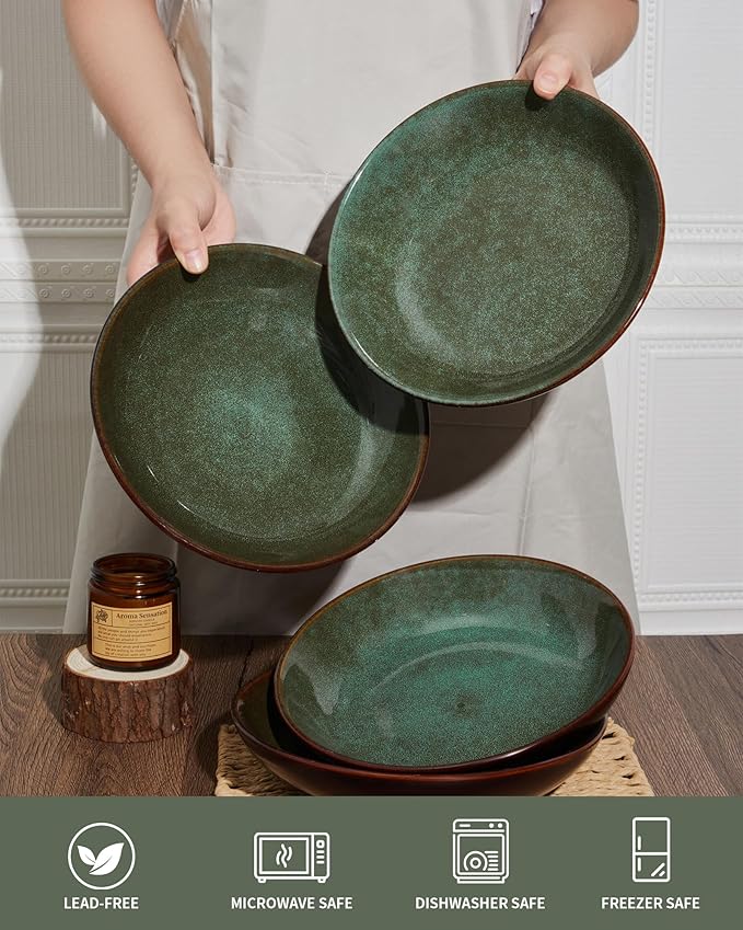 Pokini 16 Piece Double Bowl Dinnerware Sets with Pasta Bowls, Highly Chip and Crack Resistant Plates and Bowls Sets, Natural Earthyware Ceramic Dishware Sets, Service for 4 Sage Green
