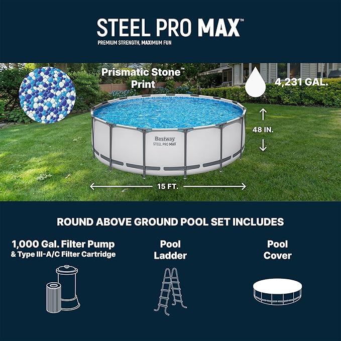 Piscine hors sol Bestway Steel Pro MAX 4,57 m x 1,22 m, ronde avec cadre métallique, pompe de filtration, échelle et couverture, gris
