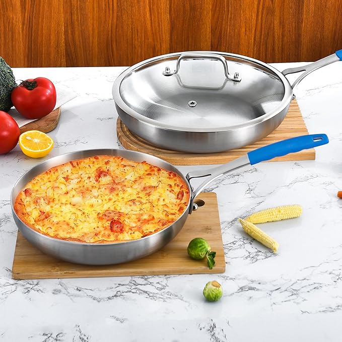 Inqibee 8.5-12 Inch Tri-Ply Stainless Steel Frying Pan set with a Lid, Skillets, Chef's Pan, Induction Cooking Pans Set, All Cooktops, Dishwasher and Detachable Handle