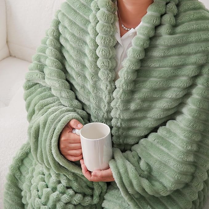 Sage Green Fleece Throw Blanket 60”×80” for Couch Sofa Bed,Super Soft Cozy Plush Microfiber Flannel Blanket with Stripes Design Lightweight for Adults,Woman,Girls
