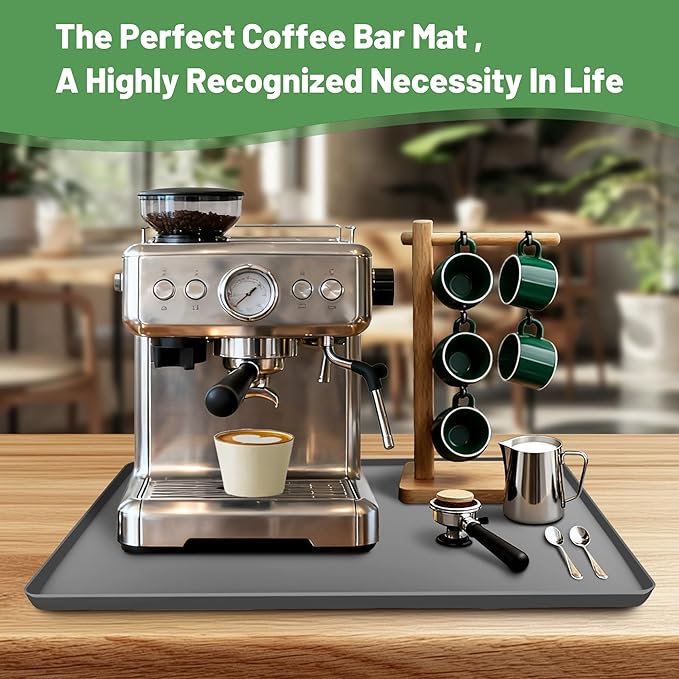24-inch Coffee Mat - Heat Resistant Silicone for Coffee Bar & Kitchen Counter - Bar Mat for Countertops - Decor Under Espresso Machine & Makers (Grey)