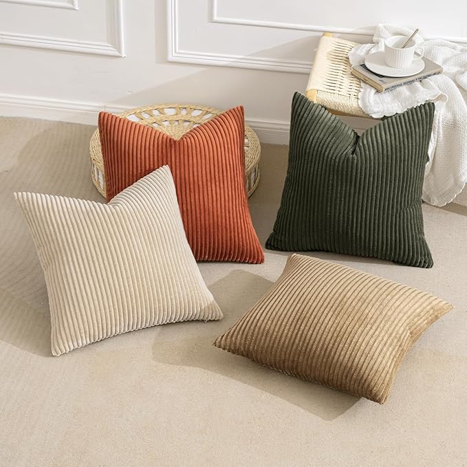 MIULEE Boho Farmhouse Throw Pillow Covers 24x24 Inch Set of 4 Mordern Rust-Olive Green Cushion Covers Soft Corduroy Nordic Home Decor for Spring Couch Bed Sofa Living Room