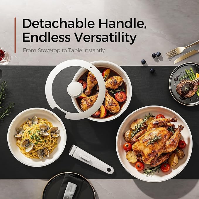 5pcs Nonstick Cookware Set, Diamond-Titanium Ceramic Coating & 3 Layer Stainless Steel Pots and Pans Set with Detachable Handle, Dishwasher Safe, Induction Compatible, Oven Safe, White