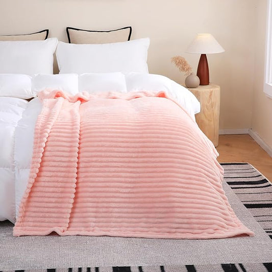 Light Pink Fleece Throw Blanket 108”×90” for Couch Sofa Bed,Super Soft Cozy Plush Microfiber Flannel Blanket with Stripes Design Lightweight for Adults,Woman,Girls