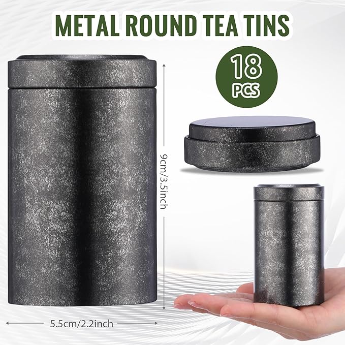meekoo 18 Pcs Tea Tins Canister for Loose Tea 6 oz Airtight Tea Tins Bulk with Lids Metal Tea Jars Small Round Storage Containers for Travel Business Coffee Cans Candy Spices Herbs Kitchen(Black)