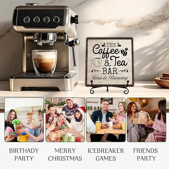 Coffee Bar Sign, Love is Brewing Farmhouse Tabletop Decor, Coffee and Tea Lover Gifts, 5x5 Wood Plaque with Iron Stand for Home Kitchen Cafe, Coffee Bar Decor – L10