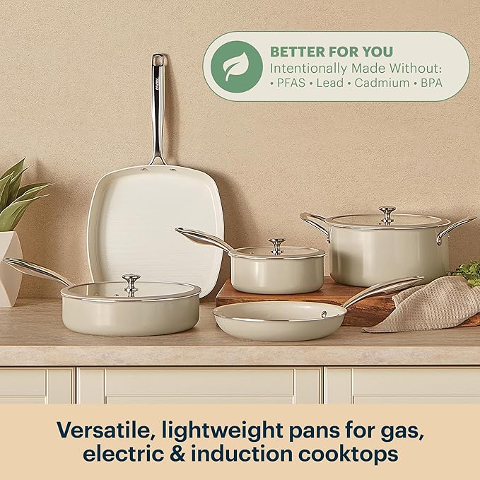 Pyrex 8-Piece Ceramic Cookware Set, Pots and Pans with Lids & Stainless Steel Handles, Healthy Nonstick Ceramic Coating, Induction Compatible Stainless Steel, PFAS Lead Cadmium BPA Free