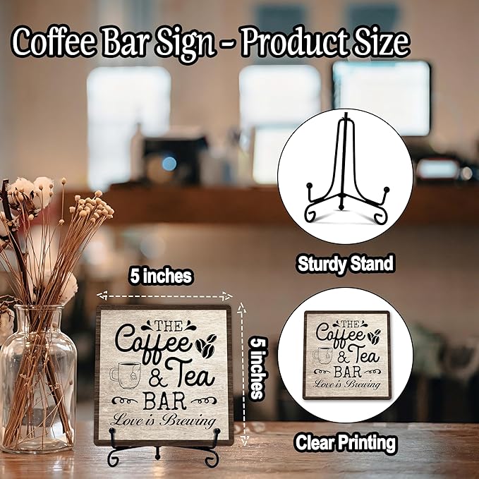 Coffee Bar Sign, Love is Brewing Farmhouse Tabletop Decor, Coffee and Tea Lover Gifts, 5x5 Wood Plaque with Iron Stand for Home Kitchen Cafe, Coffee Bar Decor – L10