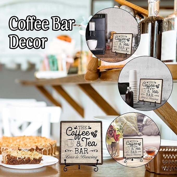 Coffee Bar Sign, Love is Brewing Farmhouse Tabletop Decor, Coffee and Tea Lover Gifts, 5x5 Wood Plaque with Iron Stand for Home Kitchen Cafe, Coffee Bar Decor – L10