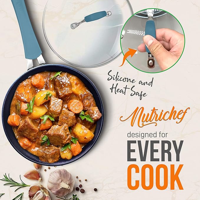 NutriChef NCCW11BL Nonstick Cookware Excilon |Home Kitchen Ware Pots & Pan Set with Saucepan, Frying Pans, Cooking Pots, Lids, Utensil PTFE/PFOA/PFOS free, 11 Pcs, Blue