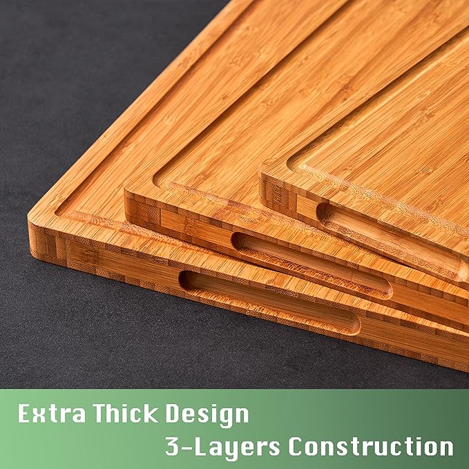 Allsum Bamboo Wood Cutting Board for Kitchen, 1" Thick Butcher Block, Cheese Charcuterie Board, with Side Handles and Juice Grooves, 16x11"