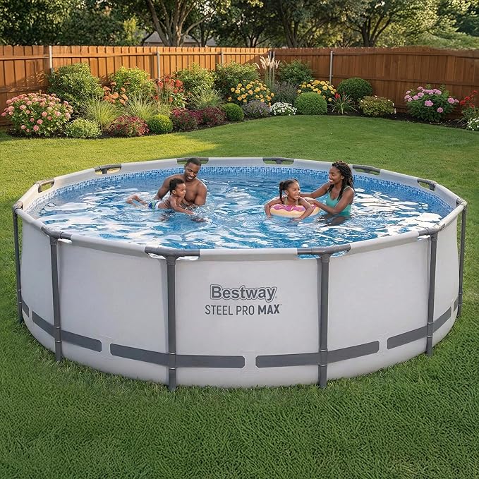 Bestway Steel Pro MAX 14フィート x 42インチ 地上設置型プール、丸型金属フレーム屋外スイミングプールセット（フィルターポンプ、はしご、カバー付き）、グレー