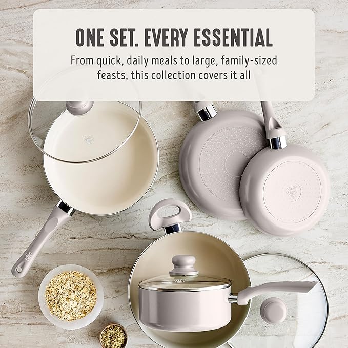 GreenLife 16-Piece Nonstick Cookware Set, Non-Toxic Ceramic Pots and Pans Set, Durable Healthy Kitchen Essentials, Fast Heating, Induction Ready, Easy Clean Dishwasher Safe, PFAS-Free, Light Gray