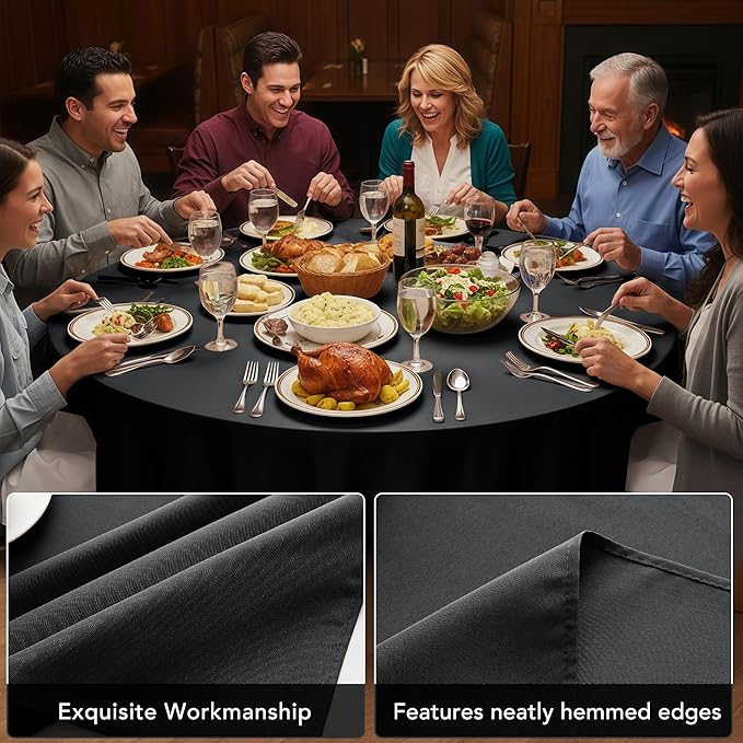6-Pack Black Round Tablecloths, 132 Inches, Stain-Resistant Polyester for 6-8 Ft Round Tables - Washable Table Covers for Weddings, Banquets, Birthday Parties, Events