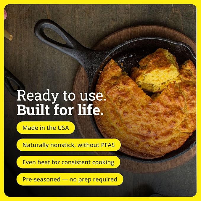 Lodge Seasoned Cast Iron Skillet - PFAS-Free, Non-Toxic Cookware - Use with an Oven, Stove, Grill, or Campfire - Naturally Non-Stick & Oven Safe - 6.5 Inches