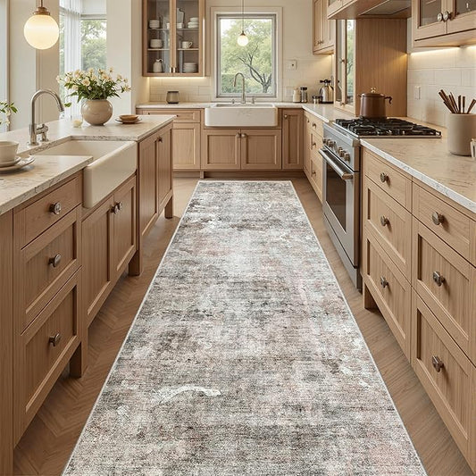 Washable Runner Rug, 2'6" x 8' Non-Slip Kitchen Vintage Foldable 2.5x8ft Hallway Runners for Entryway, Laundry, Bedroom, Pink/Grey