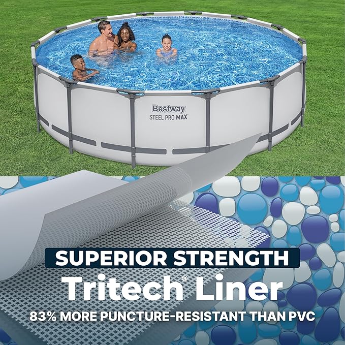 Bestway Steel Pro MAX 14フィート x 42インチ 地上設置型プール、丸型金属フレーム屋外スイミングプールセット（フィルターポンプ、はしご、カバー付き）、グレー