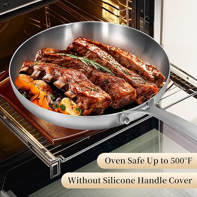 Inqibee 8.5-12 Inch Tri-Ply Stainless Steel Frying Pan set with a Lid, Skillets, Chef's Pan, Induction Cooking Pans Set, All Cooktops, Dishwasher and Detachable Handle