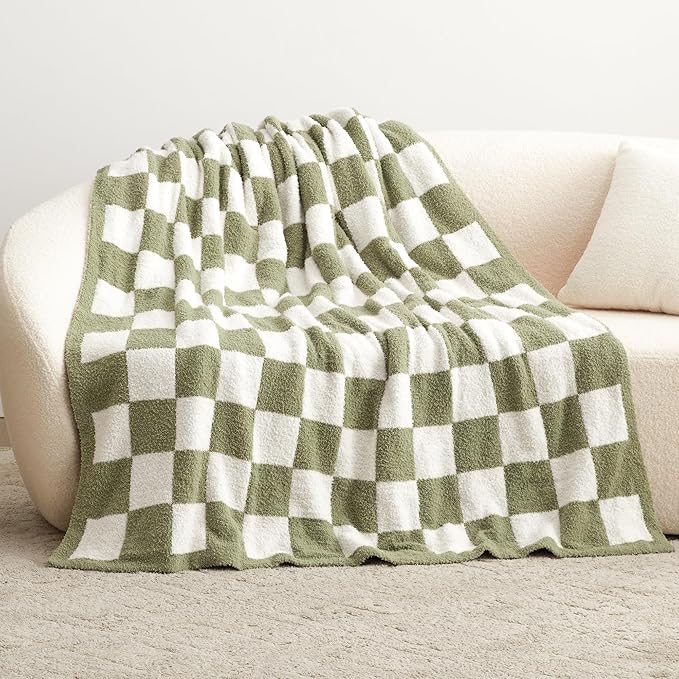 EXQ Home Checkered Throw Blanket, Knitted Blanket with Checkerboard Grid Pattern, Soft Cozy Fluffy Blankets for Couch Bed Sofa, Warm Fuzzy Plaid Blanket for All Seasons (Sage Green, 50"×60")