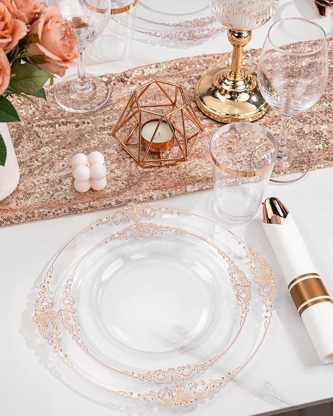Nervure 350PCS Rose Gold Plastic Plates - Rose Gold Plastic Dinnerware Sets for 50 Guests - 100 Disposable Plates, 150 Silverware, 50 Cups, 50 Napkins Perfect for Wedding & Party & Mothers Day