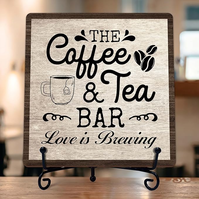 Coffee Bar Sign, Love is Brewing Farmhouse Tabletop Decor, Coffee and Tea Lover Gifts, 5x5 Wood Plaque with Iron Stand for Home Kitchen Cafe, Coffee Bar Decor – L10