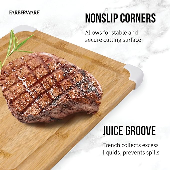 Farberware Nonslip Bamboo Cutting Board with Juice Groove,11x14 Inch,White,(Pack of 6)