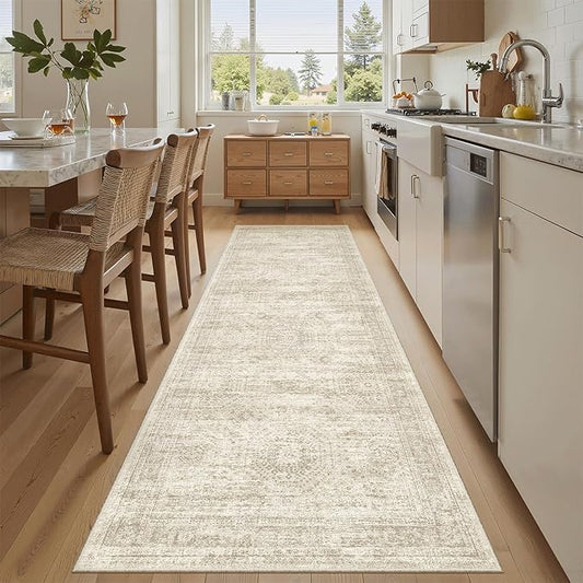 Washable Runner Rug, 2'6" x 8' Non-Slip Kitchen Vintage Foldable Hallway Runners for Entryway, Laundry, Bedroom, Beige