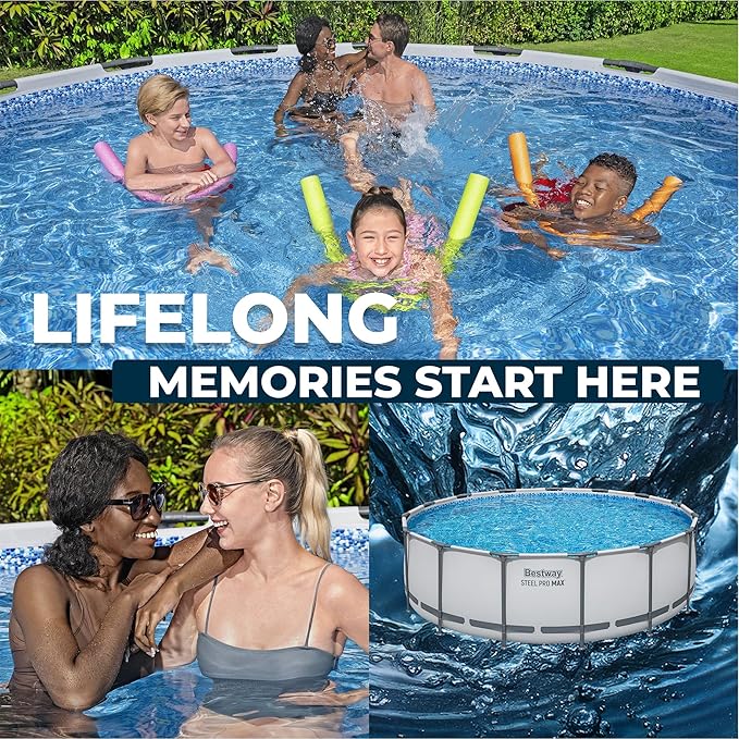 Piscine hors sol Bestway Steel Pro MAX 4,57 m x 1,22 m, ronde avec cadre métallique, pompe de filtration, échelle et couverture, gris