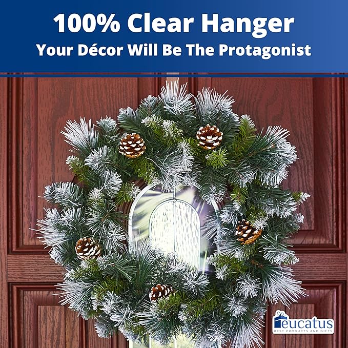 Non Scratch 100% Clear 12in Wreath Hanger 3Pk. Slim Christmas Wreaths Holders for Hanging Fall Halloween Decorations Over Front or Garage Door. Best Long Hooks for Indoor or Outdoor Home Decor.